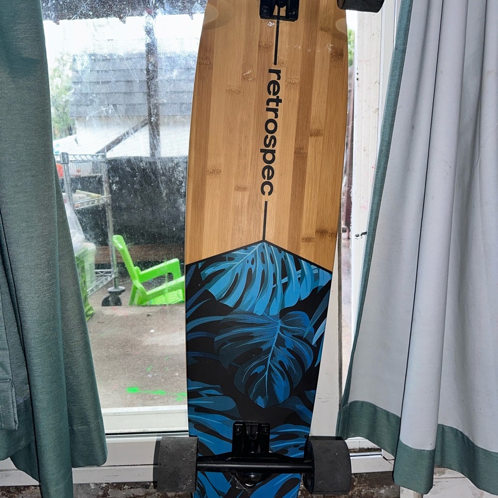 Bamboo Longboard with Blue Leaf Design